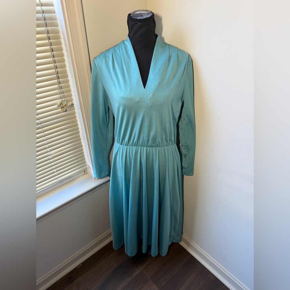 Vintage Teal Long Sleeve Dress V-Neck Pleated Skirt Women’s Est M/L